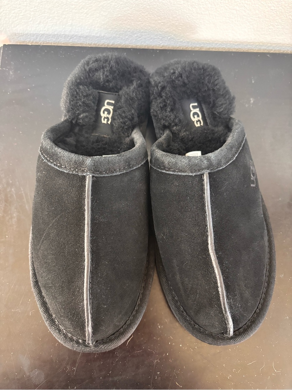 UGG Black Suede Shearling Slip-On Slippers